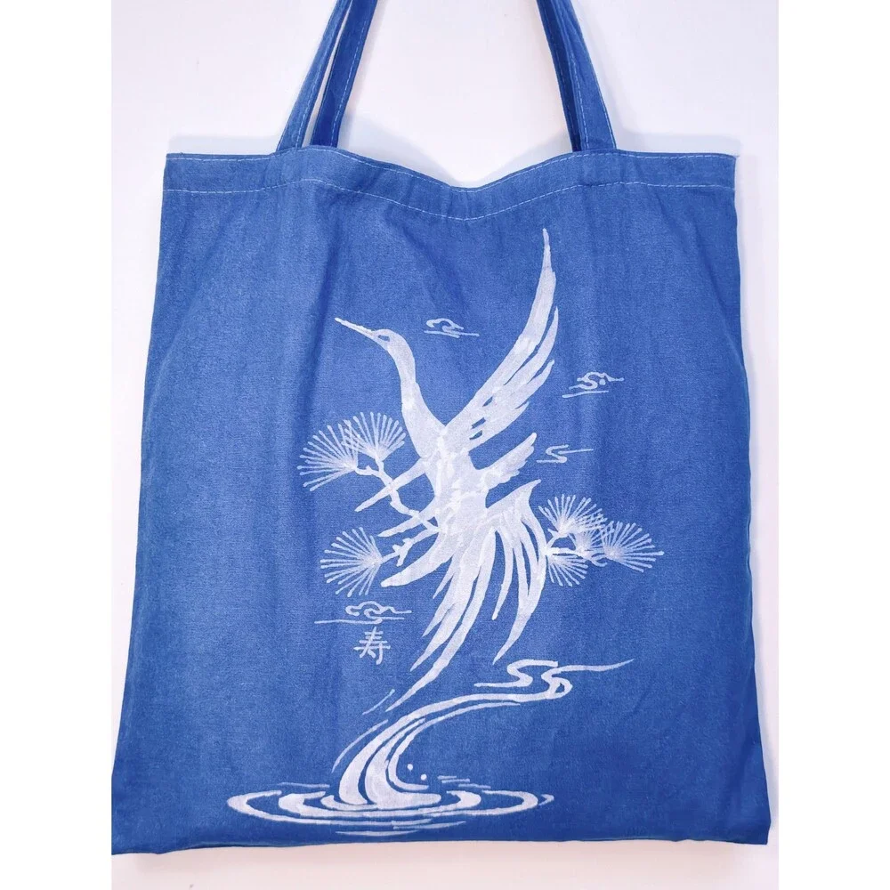 Nüshu Longevity Batik Tote Bag, Natural Indigo Pine & Crane Canvas Bag, Handmade